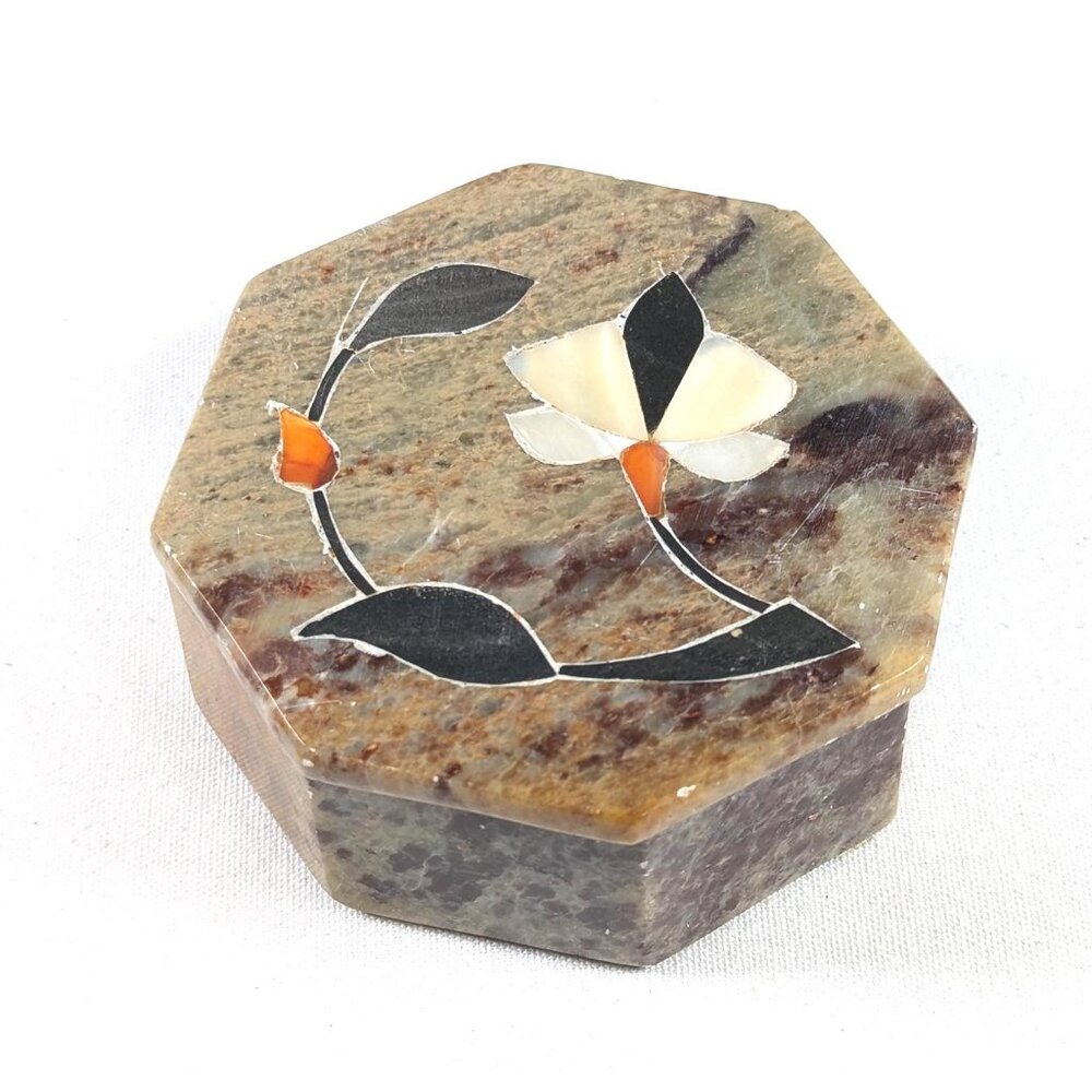 Vintage marble inlaid trinket box, octagonal alabaster green brown stone box,